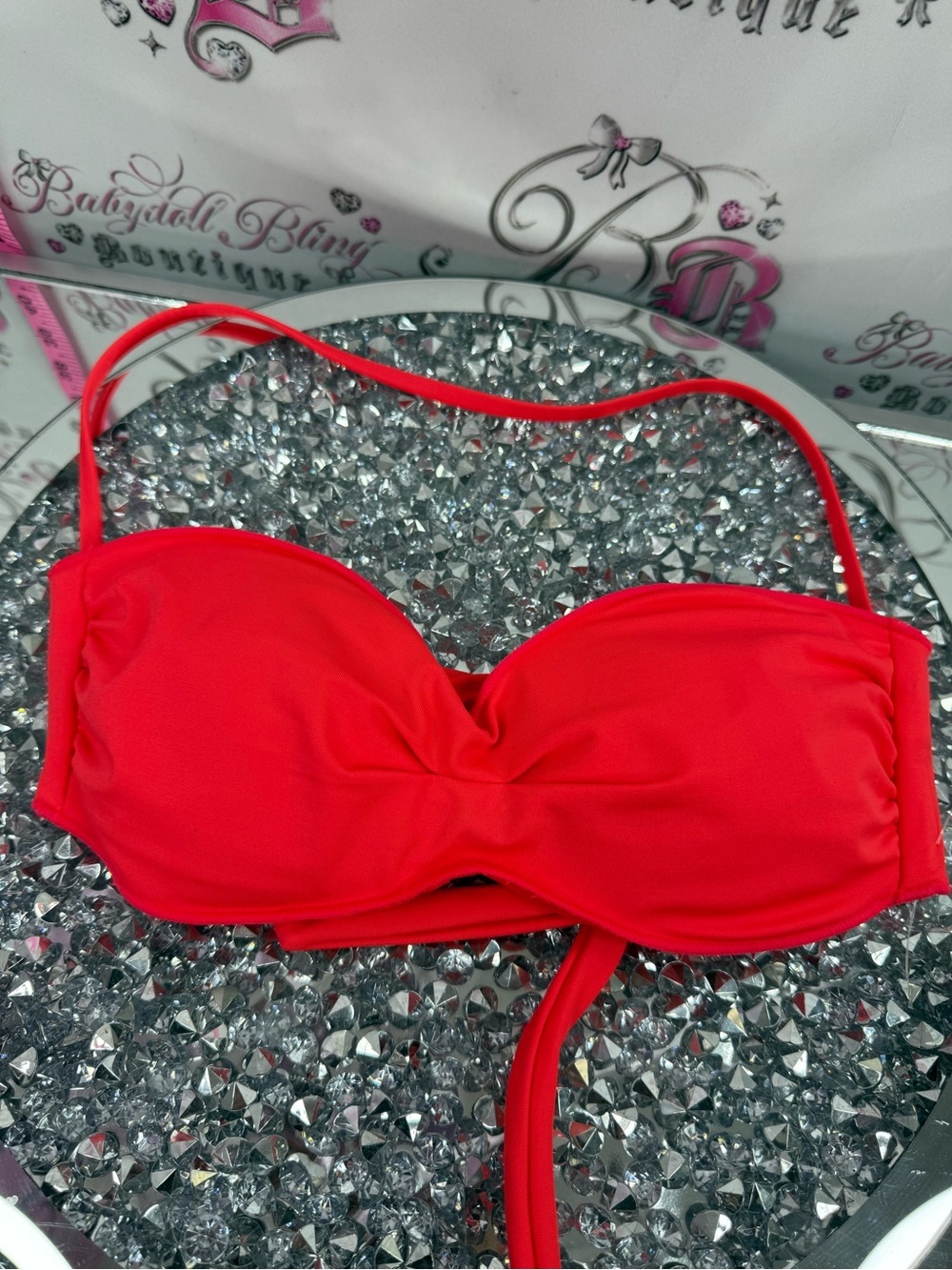 La Vie En Rose aqua rose bikini top neon bright Red Strapless Bikini Top